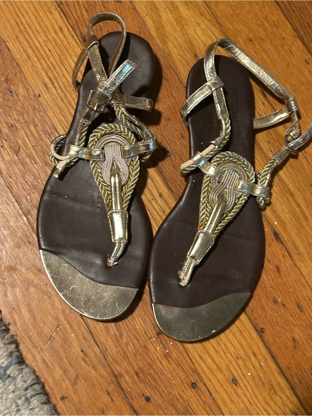 Gold Braided T-Strap Women’s Sandals